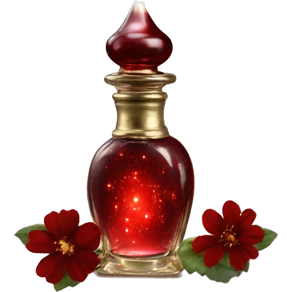 Dark red magic fairy light sparkling old Antique oil perfume bottle with herbal and flowers emoji