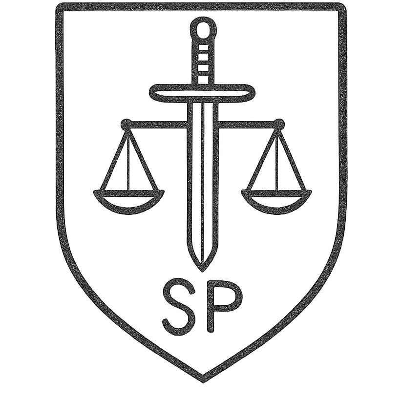 A minimalist emblem for a secretive military investigative unit. The design should feature a clean, geometric layout with a sword and scales, using a dark and muted color palette. It should include an understated 'SP' symbol to denote secrecy and professionalism. emoji