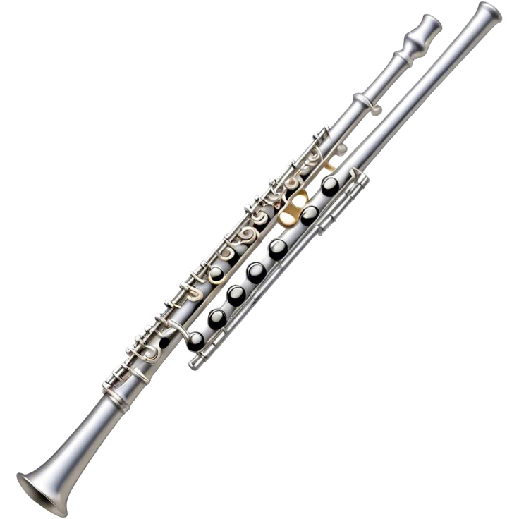 Create an elegant and refined emoji representing a classical silver flute. The design should showcase the sleek, polished silver body of the flute with its keywork and tone holes clearly visible. Highlight the smooth, straight shape of the instrument with subtle light reflections on its metal surface. The keys should be delicately detailed, with their small, round pads visible. Add a slight shine to the flute’s surface to reflect its high-quality craftsmanship. Optionally, include subtle musical notes floating around the flute to evoke its light, melodic sound. The background should be transparent. emoji