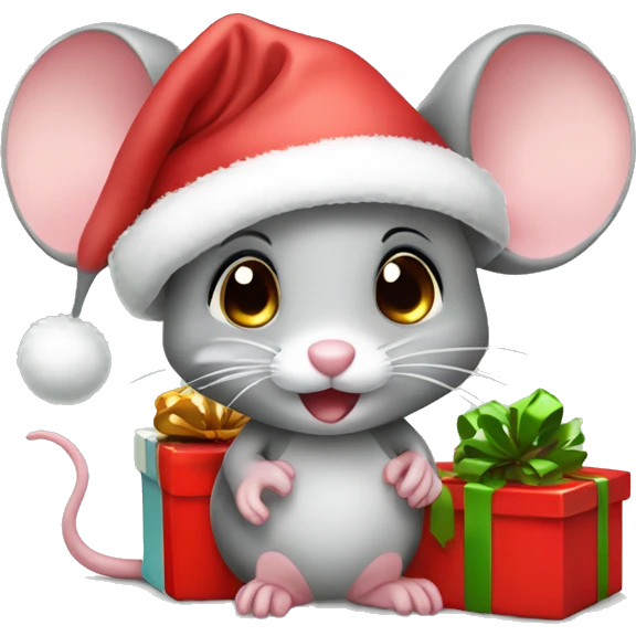 Cute mouse with santa hat and Christmas Gifts  emoji