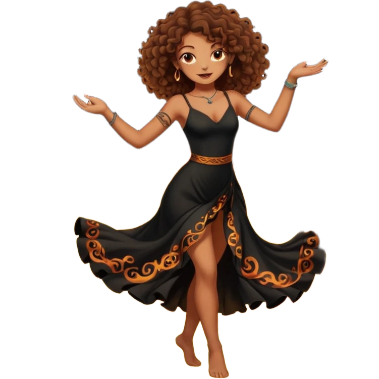 Sexy brown eyes, brown curly hair, white ethnicity with tattoo, mystic vibe, dancing in the fire in the night  emoji