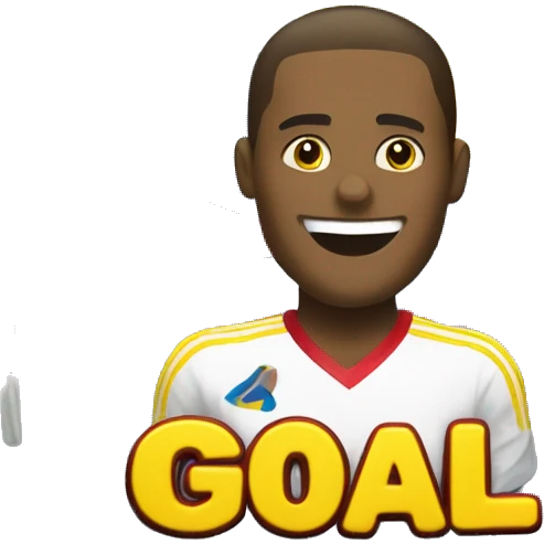 a yellow emoji celebrating a goal with a big smile and the word 'GOAL!' in bold, festive letters. The emoji should be holding the Colombian flag, but without hands, just the flag next to it. emoji
