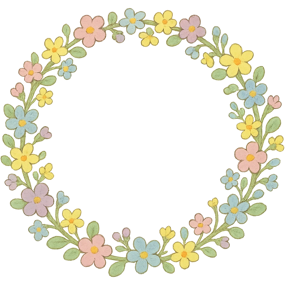 a floral wreath made of small pastel flowers, Japanese hand-drawn, full object, transparent background emoji