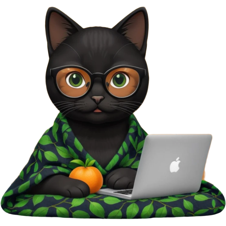 A black female cat working on a MacBook, with long, black straight lashes, round glasses and she wears a blanket with an orange fruit pattern emoji