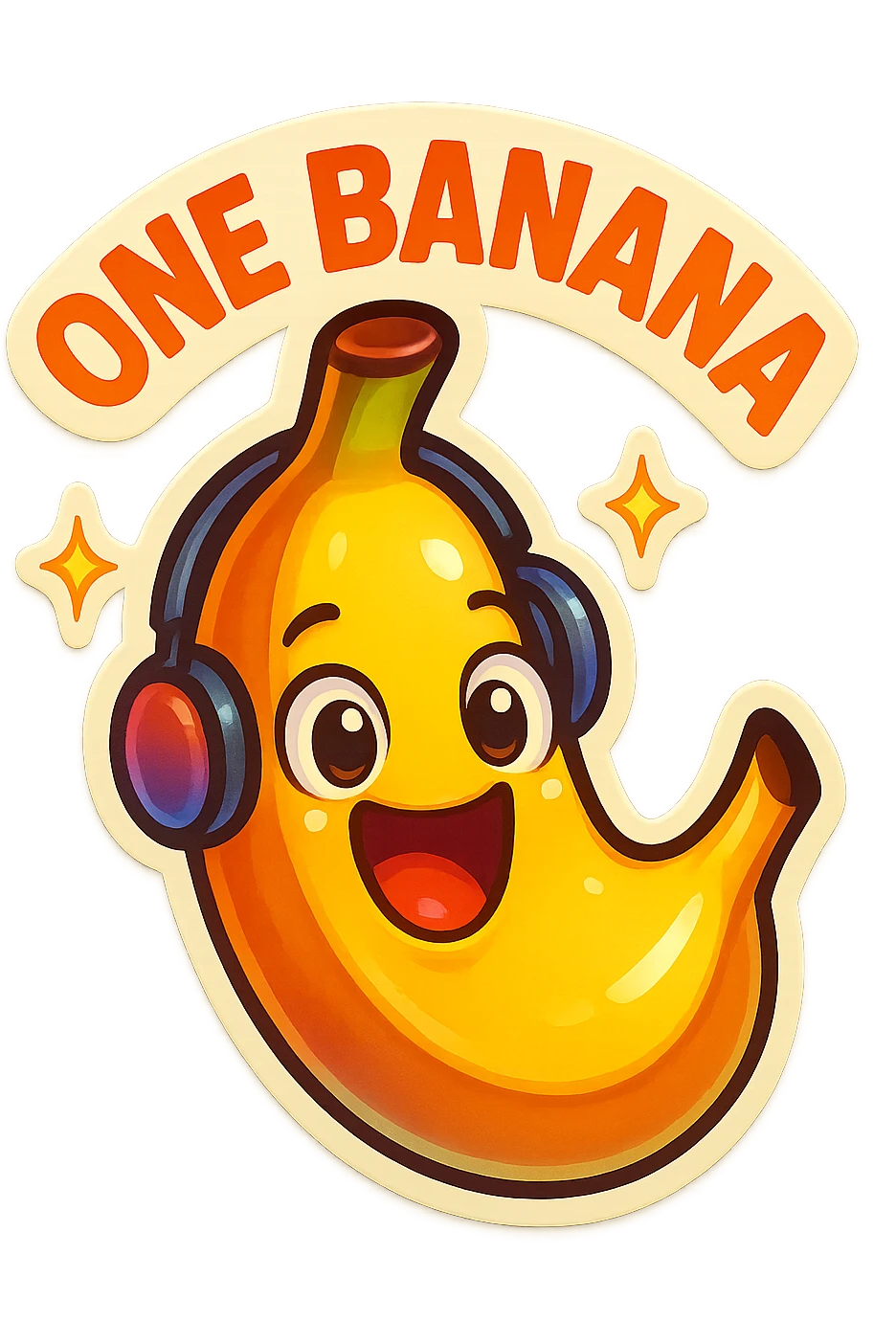 Funny cartoon banana, big happy smiling face, wearing tiny headphones, wide excited eyes, tiny sparkles around, text above: "NE BANANA", chibi style, Twitch emoji style, colorful, transparent background emoji