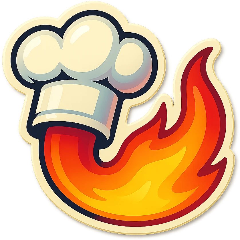 chef's hat pumping with a trail of fire emoji, playful, flame red gradient, hat is white, vibrant, flame matching style reference file emoji