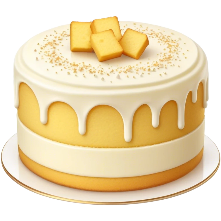Cinematic Realistic Simple Vanilla Cake, a perfectly baked golden sponge with soft, airy layers, delicate vanilla frosting smoothly spread across the top, tiny flecks of vanilla bean visible, warm golden lighting creating depth, glowing with a sweet, irresistible charm. emoji