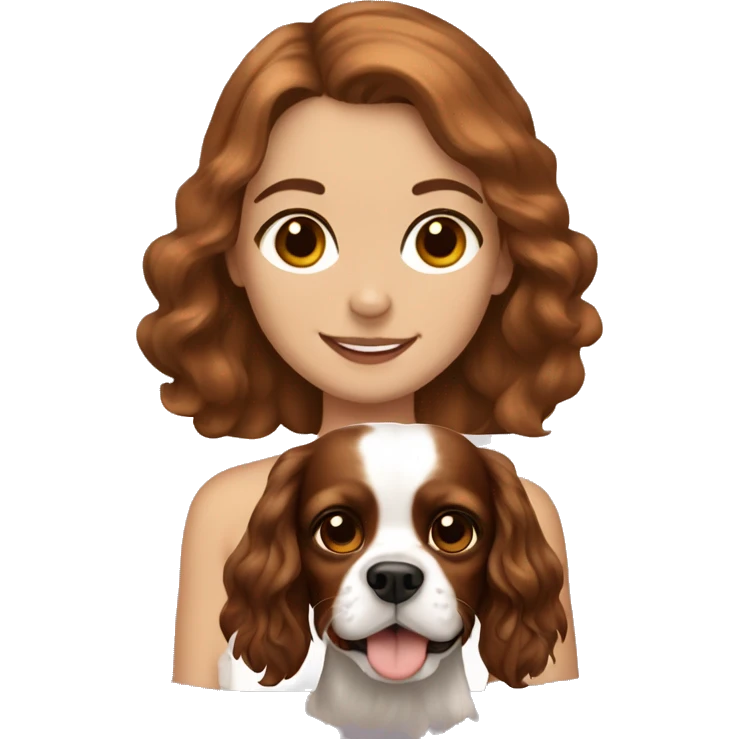 white girl , brown medium hair, with happy king charles spaniel  emoji