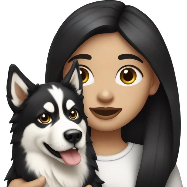 Pale girl with long black hair holding Alaskan husky emoji