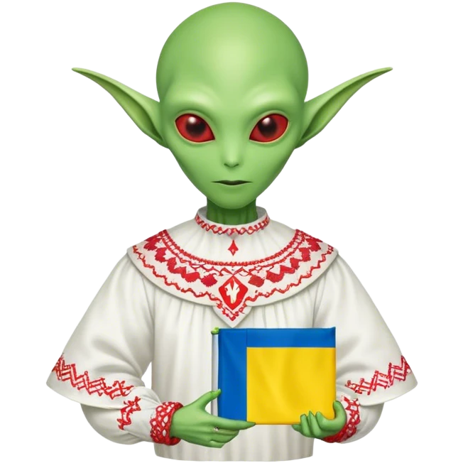 Green alien in Shirt 👚 vyshyvanka, white with red embodiary on sleeved, with 🇺🇦 Ukraine flag in a hand emoji
