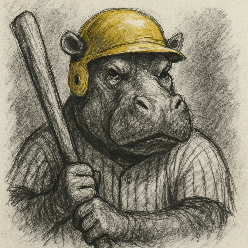 hippo holding a baseball bat, wearing a yellow helmet, pinstripes outfit emoji