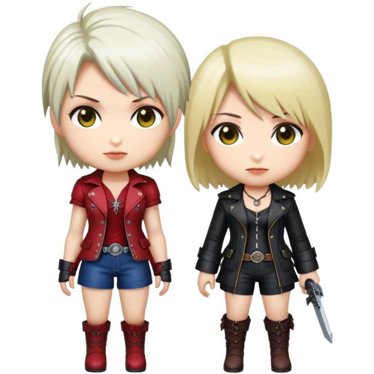 Cute chibi Lady and Trish from Devil May Cry, big heads, small bodies, childlike proportions emoji