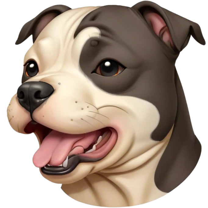 Cinematic Cute Yawning Black/Brindle Staffordshire Bull Terrier Portrait Emoji, Head tilted slightly with a dramatic, wide-open yawn, showcasing a smooth Fur with a striking black and brindle pattern, floppy ears slightly drooping, round dark eyes barely open in drowsy contentment, Simplified yet irresistibly adorable features, highly detailed, glowing with a soft, cozy glow, high shine, relaxed yet expressive, stylized with a touch of whimsy, bright and endearing, soft glowing outline, capturing the essence of a sleepy yet affectionate guardian, so drowsy it feels like it could stretch right out of the screen and curl up for a nap! emoji