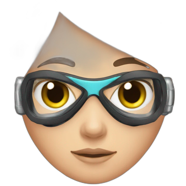 woman with underwater scubadiver gear with fins, in her face green and blue eyes, large and straight brown hair, pink diving underwater black suit gear emoji