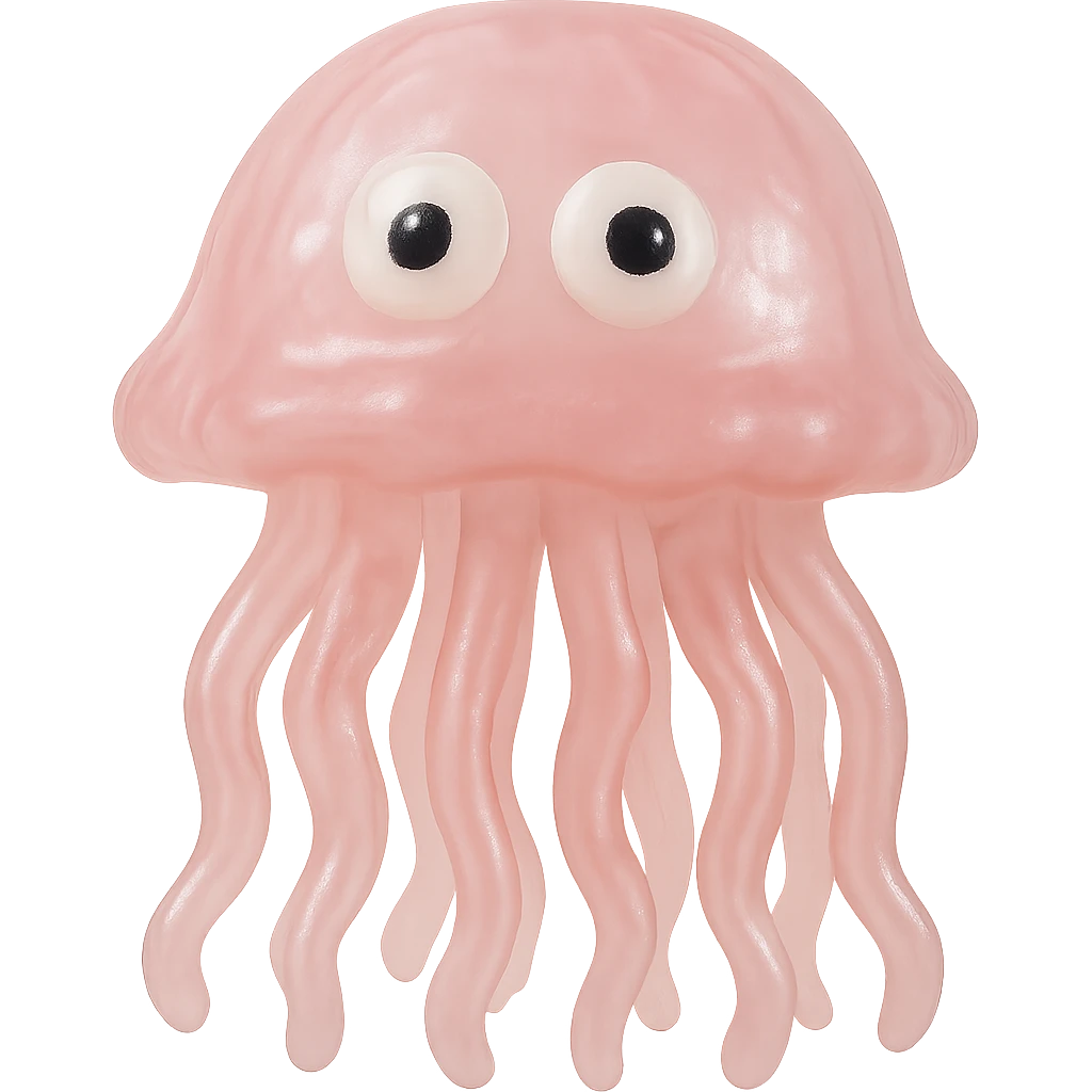 Make the jellyfish even more transparent and slightly see-through, keeping the natural pink color, in a retro 90's toy style with derpy eyes, soft plastic texture, soft reflections, soft and squishy appearance, some cloudiness, not shiny, highly detailed and appealing. Remove any tags and background. emoji