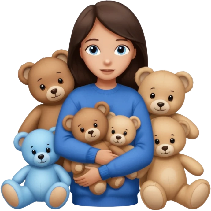 a girl with long dark 
brown hair, with blue eyes, in a
white sweater, hugs 3 different natural coloured emoji