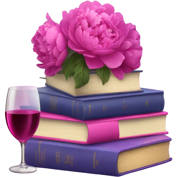 A violet  stack of books with deep pink peonies and a glass of pink wine emoji