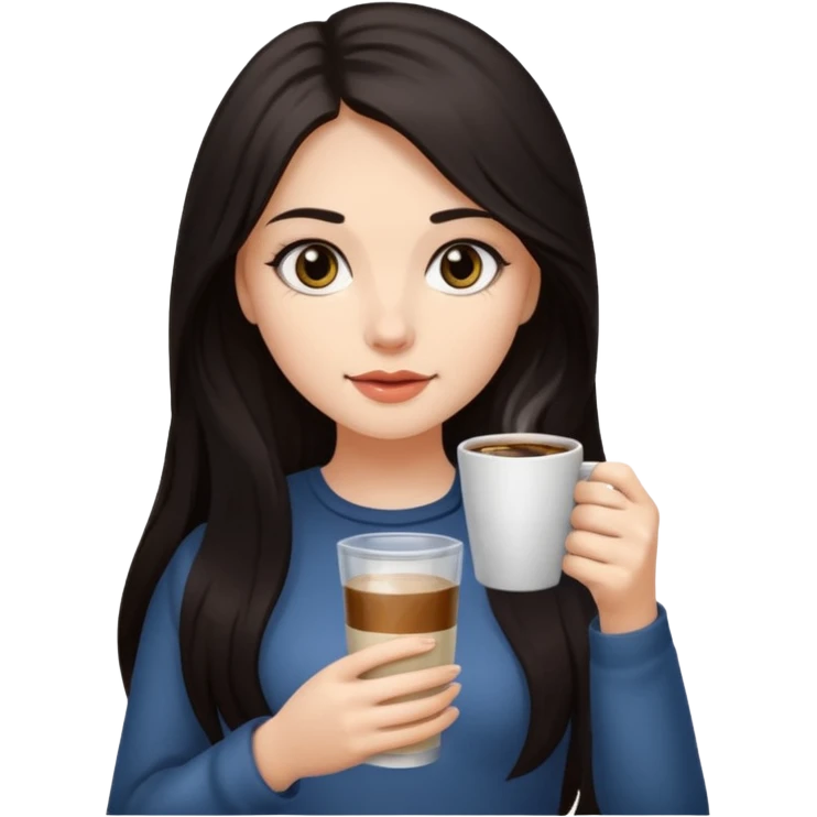 Девушка с темными длинными волосами с ростом до живота, держит в руках стакан с кофе.
 emoji