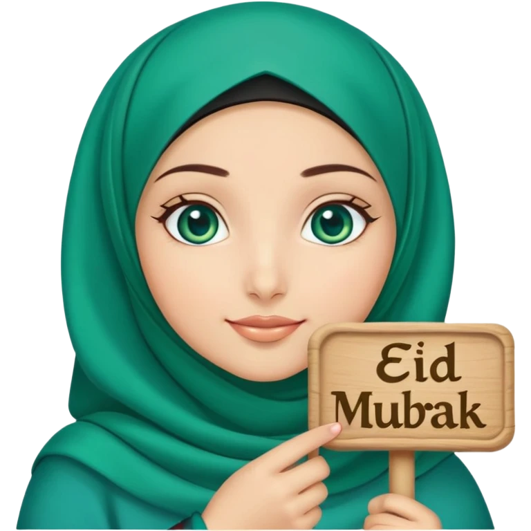 Turkish beautiful finish Konya girl blue eyes with green emerald hijab islamic dress and had on her hand text Eid Mubarak with sweets and celebrating with her friends eid days   emoji