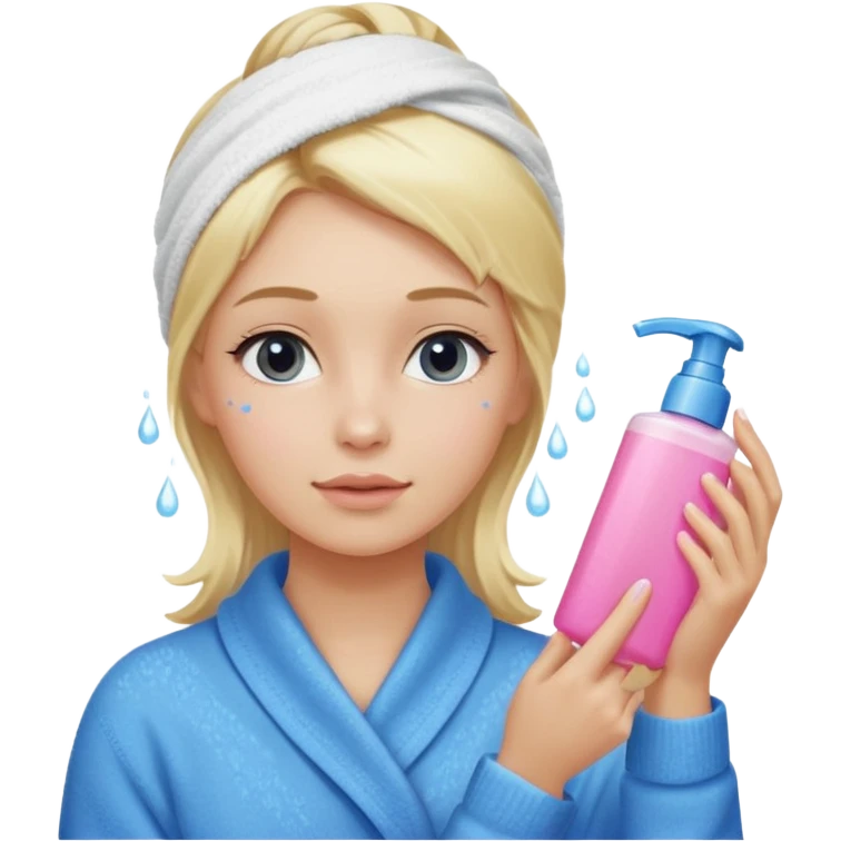 A girl grabbing a pink serum with a towel in blonde hair with a white shower towel in her hair with skincare on her face dressed in a blue sweater emoji
