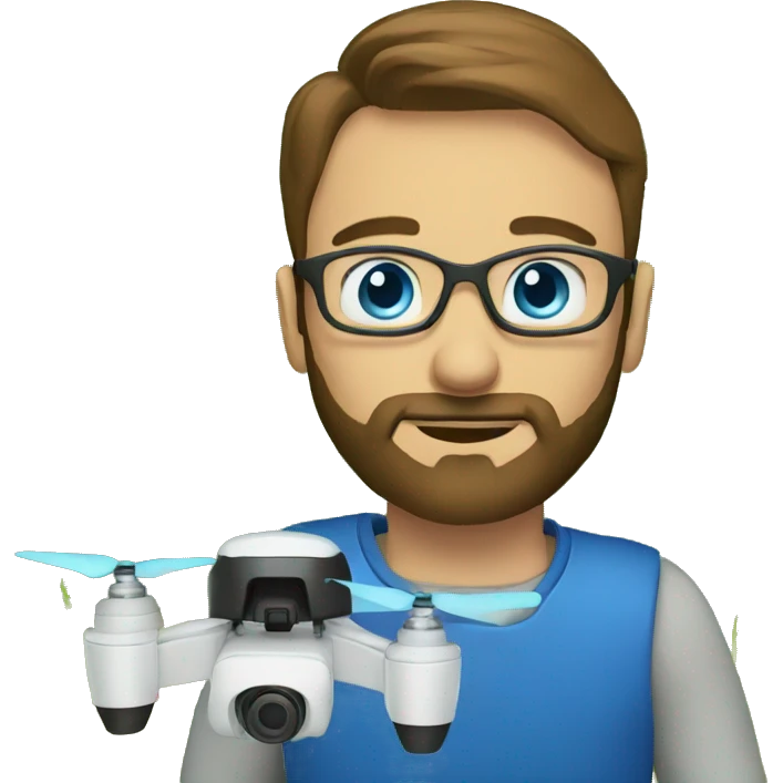 Man with blue eyes and beard flying a drone in a field emoji