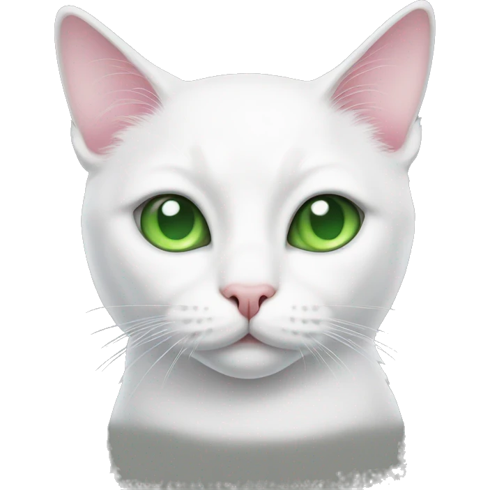white cat with gray stain on eye, with green eyes, pink nose emoji