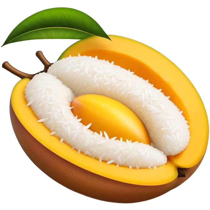Cinematic Realistic Mango Sticky Rice Dessert Emoji, showcasing sweet sticky rice paired with ripe mango slices and coconut milk rendered with lifelike detail and warm, inviting lighting. emoji