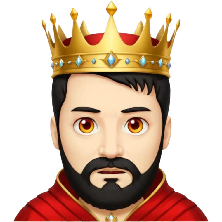 

a yellow king, red eyes, 60 years old, black hair, black beard, wearing a crown, red robe, fierce face emoji
 emoji