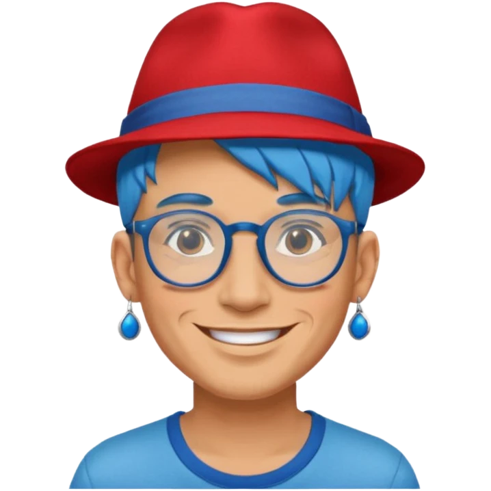 unique looking tourist with big unique red tourist fedora and earrings, man with lots of tattoes and spectacles, blue hair showing emoji