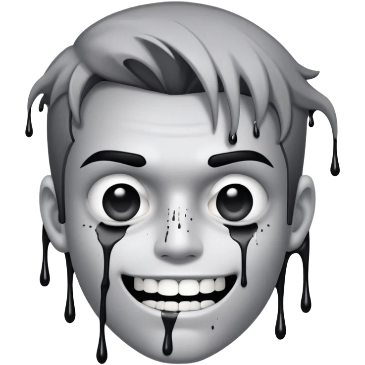 Super idol with a straight face but the upper teeth are sticking out and there is a huge dot of ink covering each of his pupils and 2 lines of ink are dripping out from the dots and the entire image including super idol is a whitish gray color or a grayish white color emoji