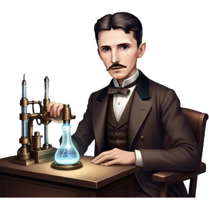 Nikola Tesla – Cinematic Realistic Portrait of Nikola Tesla, depicted as a visionary inventor with intense, thoughtful eyes and period attire, surrounded by subtle arcs of electric light and early laboratory apparatus, rendered with dramatic lighting that evokes mystery and innovation. emoji
