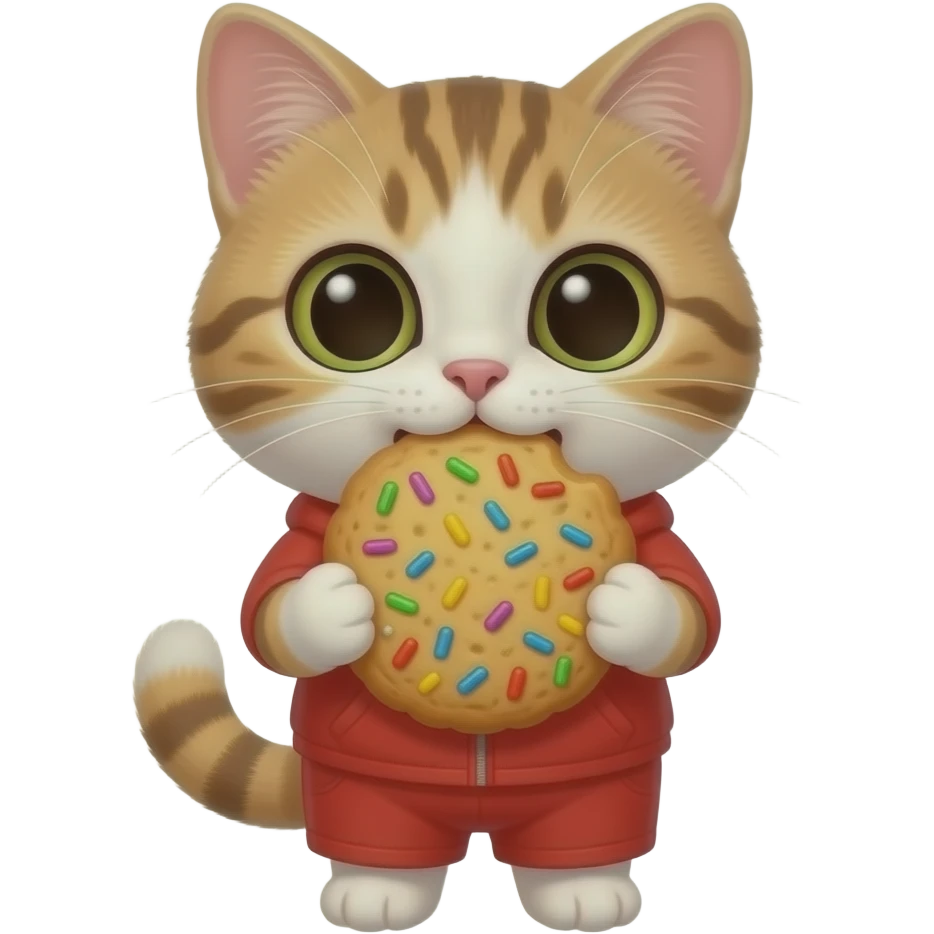 cute cat eating big colourful cookie, red clothes, front facing emoji
