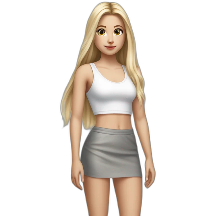 hyperrealist caucasian girl, long straight blonde hair, white v-neck laced crop tanktop, grey tight mini skirt, sneakers, facing camera emoji