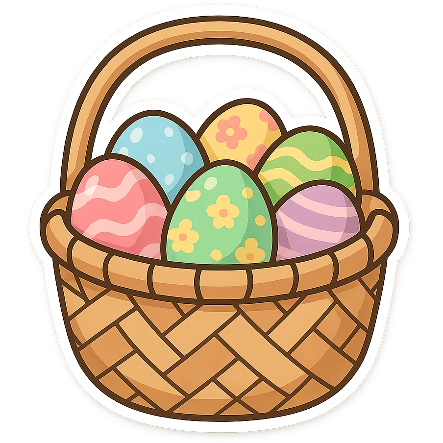 一个竹子编的篮子，篮子里面装着许多复活节的复活蛋 emoji