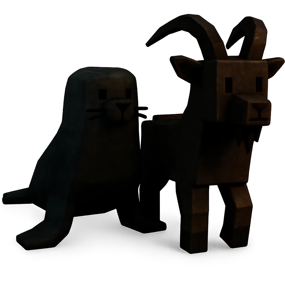 A seal and a goat exploring together in the dim and threatening environment of the Roblox game 'Forsaken', designed in the game style with blocky and stylized characters emoji