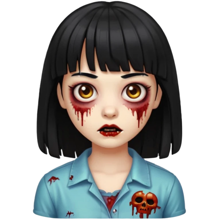 garota zumbi com franja, cabelo preto, rosto simpático, visual divertido, estilo emoji de iPhone emoji