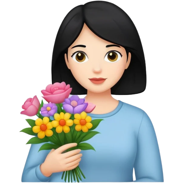 black haired mother holding flowers emoji