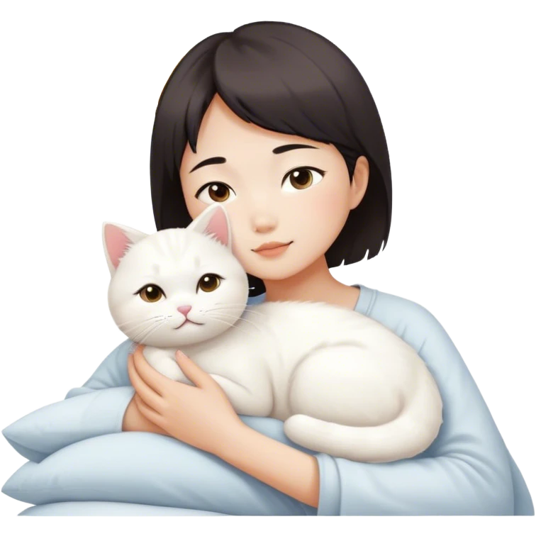 Short hair Asian girl wake up with white cat , sunshine  emoji
