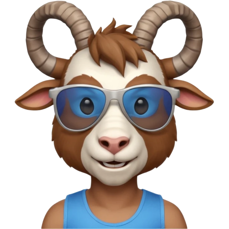 3D cartoon goat man portrait, head and shoulders, brown fur, small horns, blue reflective sunglasses, slight smile, tank top, soft lighting, centered, clean background, no text, no watermark
 emoji