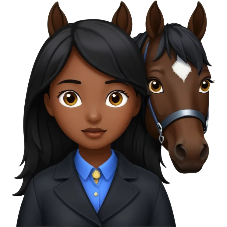 Dark brown asian girl with black horse emoji