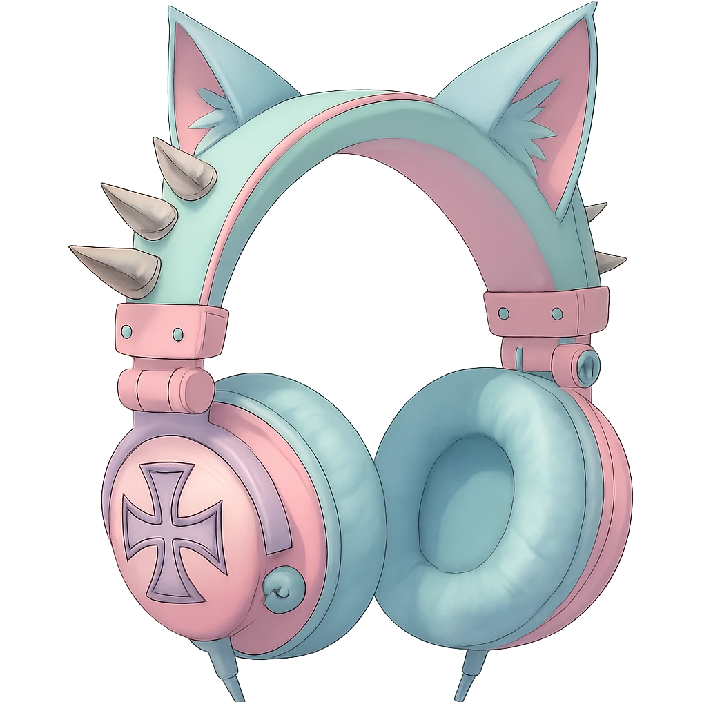 Change the image to pastel goth colors including lavender, mint, baby pink, and pale blue. Keep the cat ears. Render in a realistic anime style with a transparent background. emoji