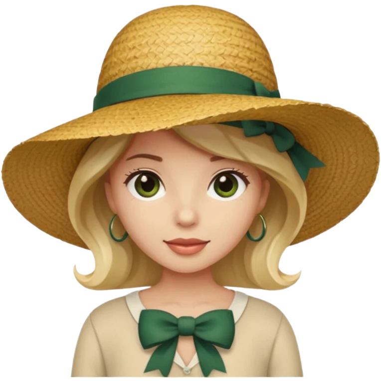 light beige women's straw hat with large brim and dark green bow emoji