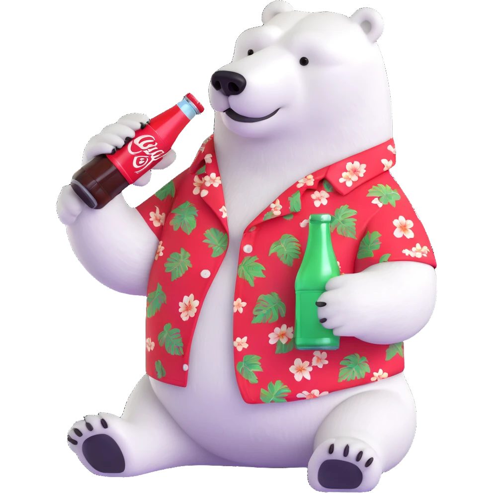 polar bear in a Hawaiian shirt decorated with Coke bottles, holding and drinking a Coca-Cola emoji