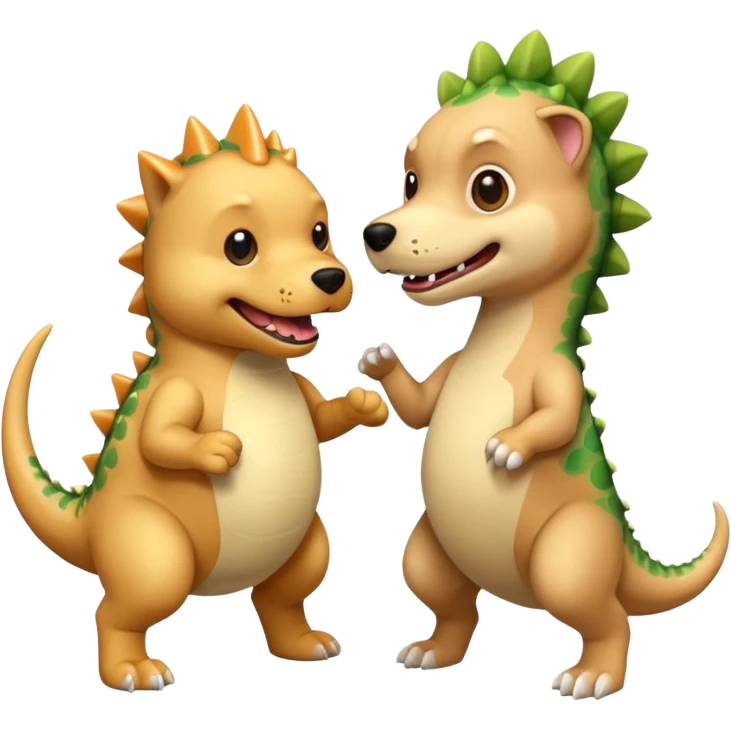 a golden retriever with a dinosaur costume thats killing a chihuahua thats in a dinosuar costume emoji