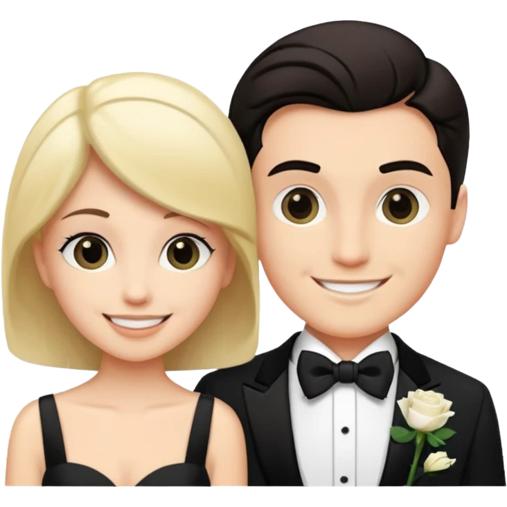 smiling couple in formal attire, white rose pinned to tux emoji