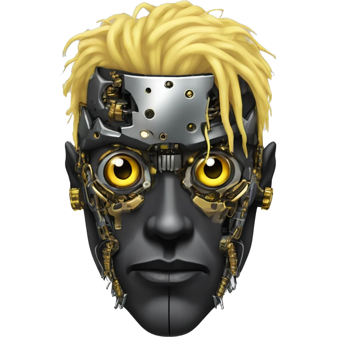 black metal male cyborg head with  one artificial eyeball, circuitry, goatee and dreaded yellow gold hair emoji
