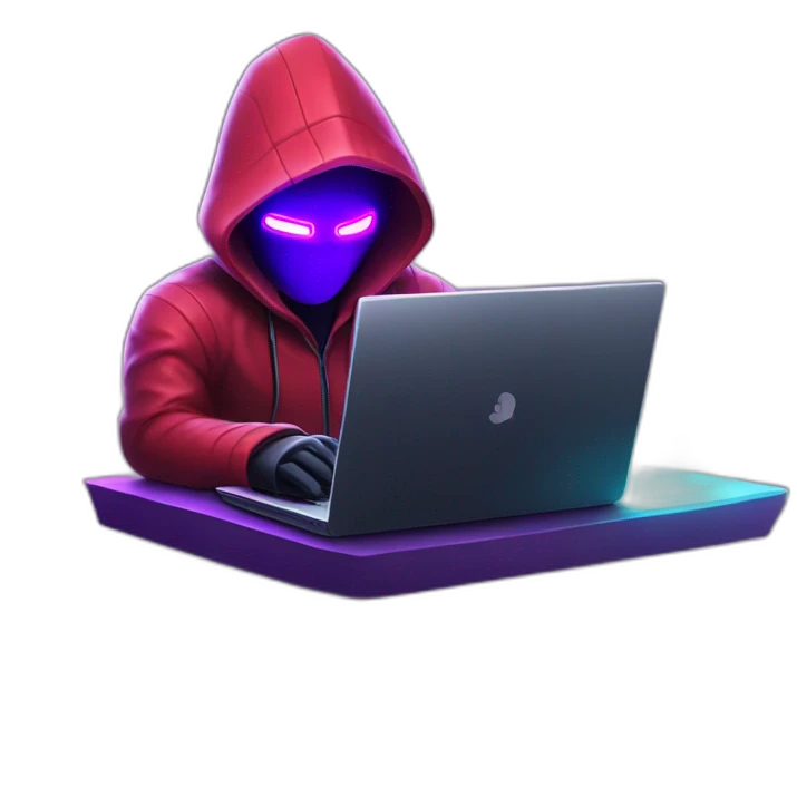 developer behind his laptop with this style : Crytek Crysis Video game neon glowing bright purple character red black hooded hacker themed character emoji