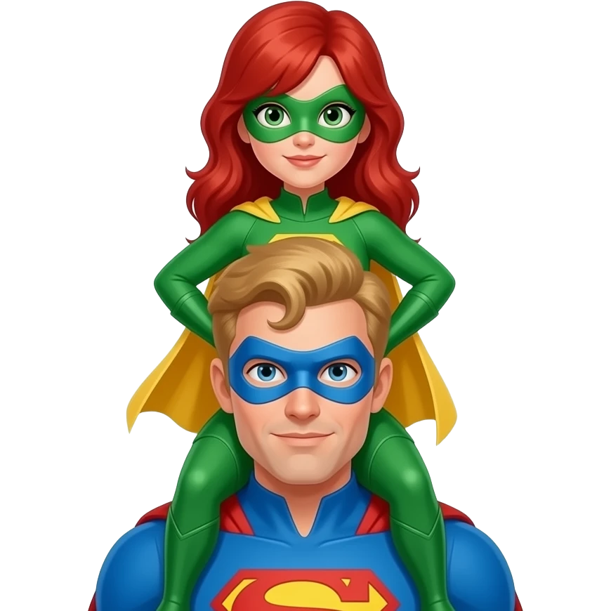 quiero que me hagas a una superheroina con el pelo pelirrojo mascara verde i con un traje verde niña pisando a un supereroe con el pelo rubio mascara azul i con un traje azul emoji