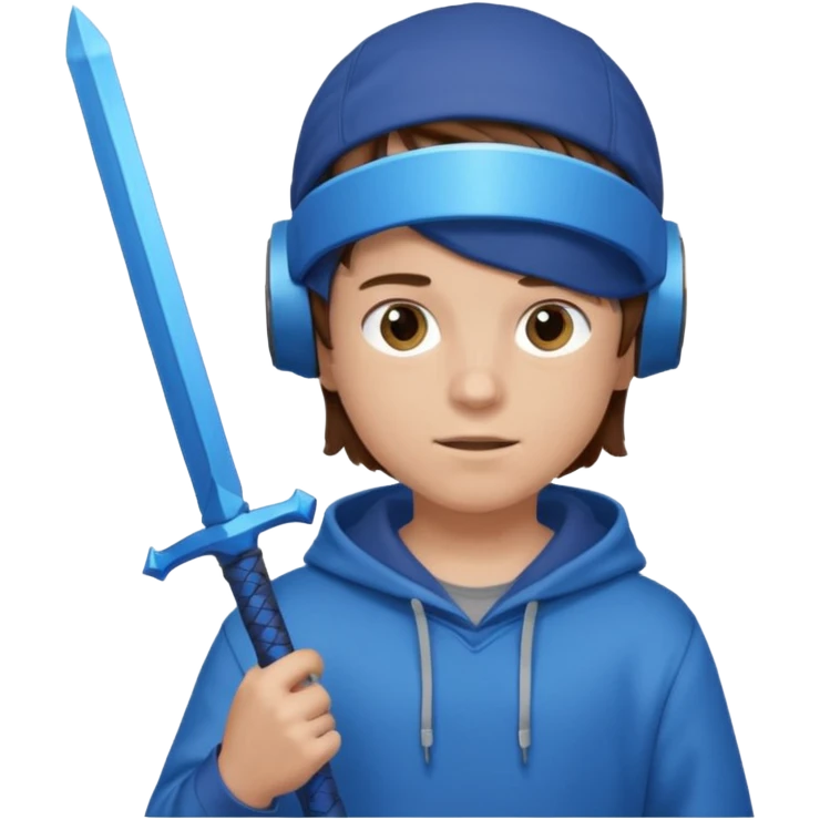 a boy with brown hair, a blue vr headset. a blue hoodie and a blue sword and show the hair emoji