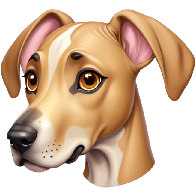 Cinematic Cute Fawn Great Dane Portrait Emoji, Head tilted playfully and inquisitively, showcasing a glossy fawn coat with a subtle luster, round, sparkling amber eyes filled with curiosity, Simplified yet irresistibly adorable features, highly detailed, glowing with a warm, friendly glow, high shine, affectionate and gentle, stylized with a touch of whimsy, bright and endearing, soft glowing outline, capturing the essence of a mischievous yet loving pup, so playful it feels like it could lumber out of the screen and into your arms! emoji